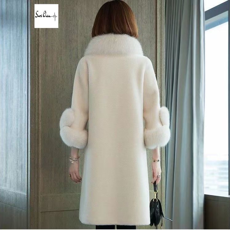 Faux Mink Fur Long Coat Women Warm Elegant Artificial Fox Fur Collar Sheep Fleece Autumn Winter Fur Jacket Ladies Overcoat