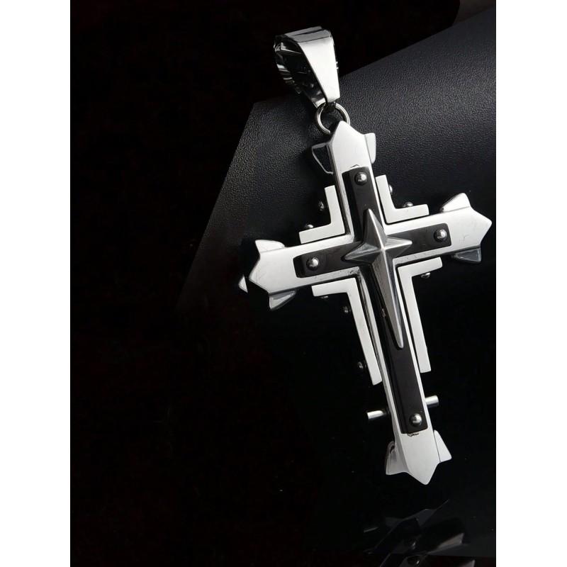 Stainless Steel Cross Pendant Necklace Men Women Geometric Layered Design Gold Black Finish 51-60cm Chain Length