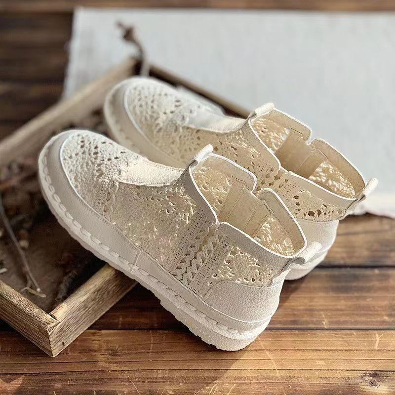 2026 Ny Sommar Dam Spets Hålmönster Höga Plattbottnade Stövlar Mjuk Sula Halkfri Andningsbara Slip-On Ankelstövlar