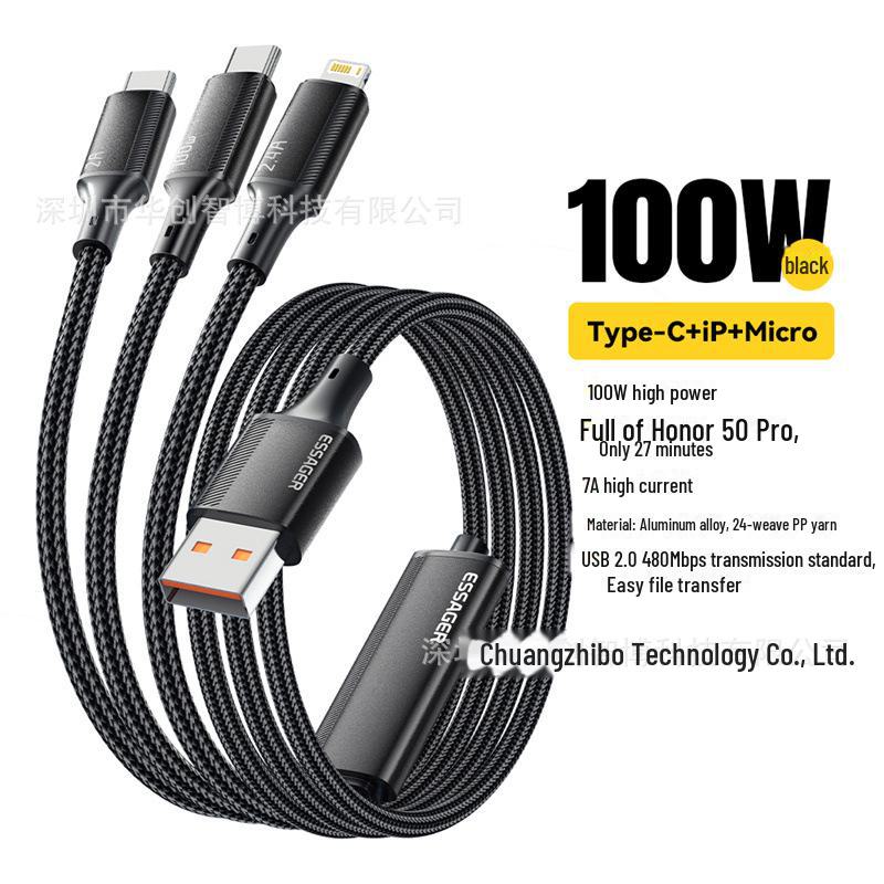 

ESSAGER Jiajian Series 7A 100W 3-в-1 кабель для зарядки для устройств Huawei, Apple и Android чёрный