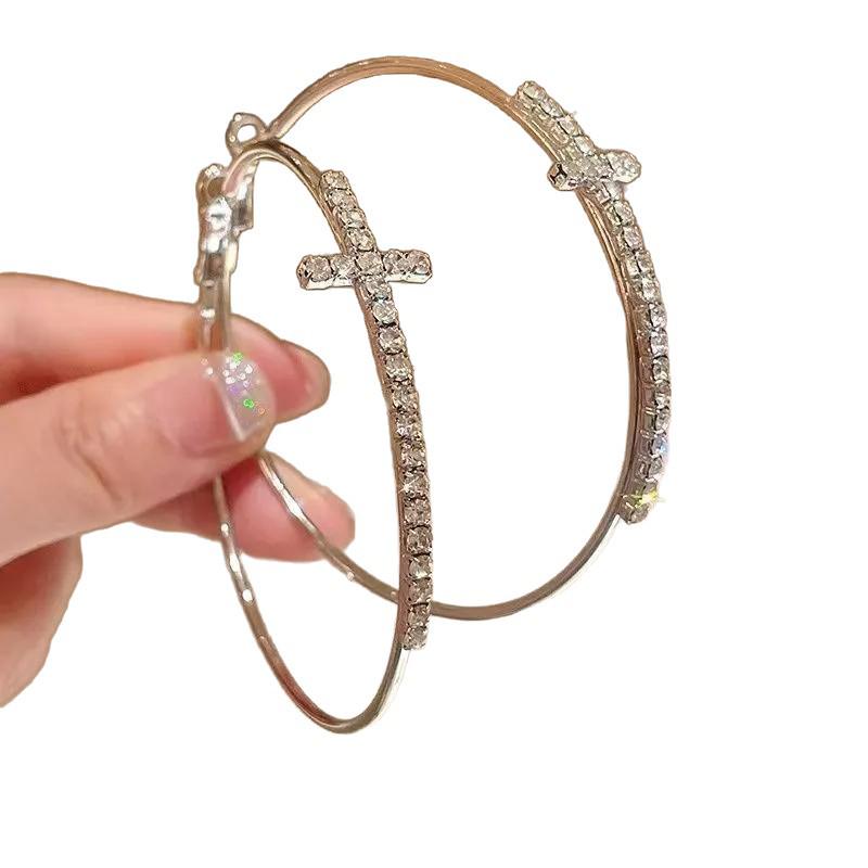 Sparkling Rhinestone Cross Large Hoop Earrings: 7cm, Niche Design, Face-Slimming