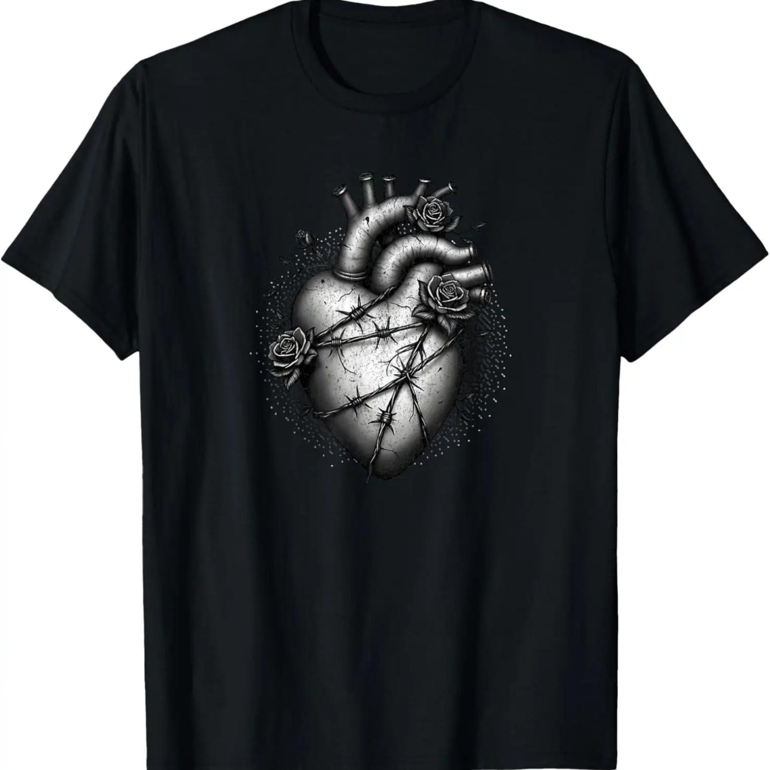 

Готическая футболка с сердцем и колючей проволокой, состаренная винтажная футболка с черными розами XXXXXL чёрный