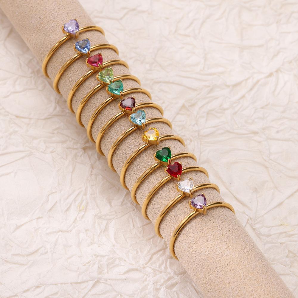 Zircon Heart Birthstone Rings For Women Gold Color Adjustable Stainless Steel Birthstone Heart Ring Wedding Jewelry Gift BFF