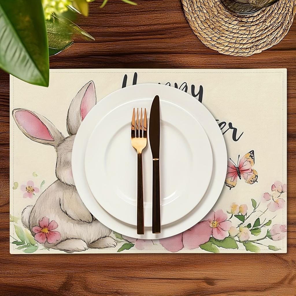 4/6pcs Set Easter Floral Butterfly Rabbit Placemats for Home Kitchen Party Indoor and Outdoor Decoration 12x18 Inches