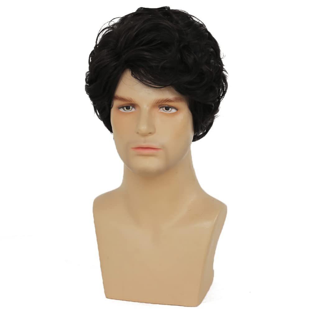 Men's black multi-layered fluffy natural split short curly wig