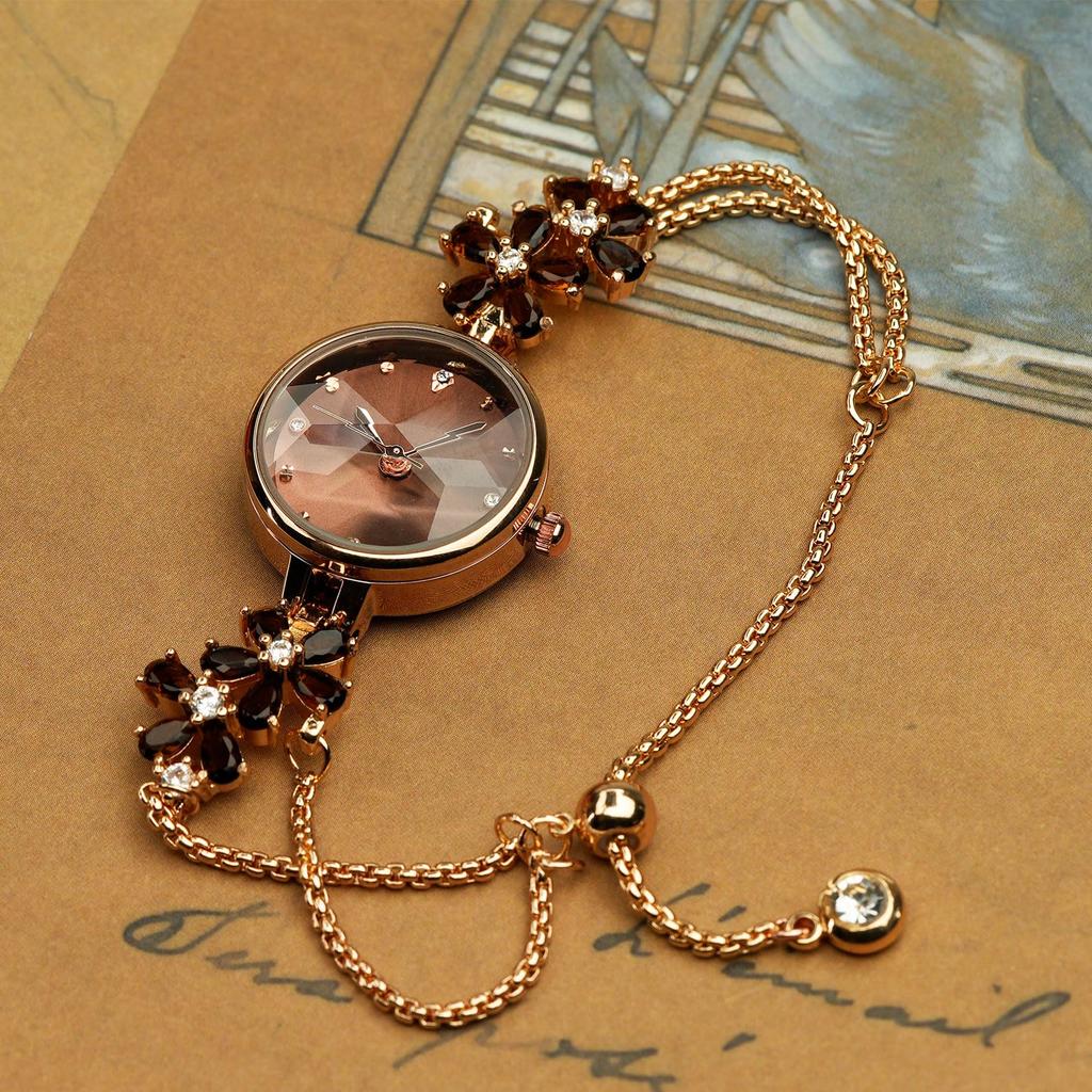 TIME100 Japanese Quartz Bracelet Polyhedron Glass Crystal Gift Box Included Women's Watch, Movement, Style, Band, Waterproof, (Coffee Brown)