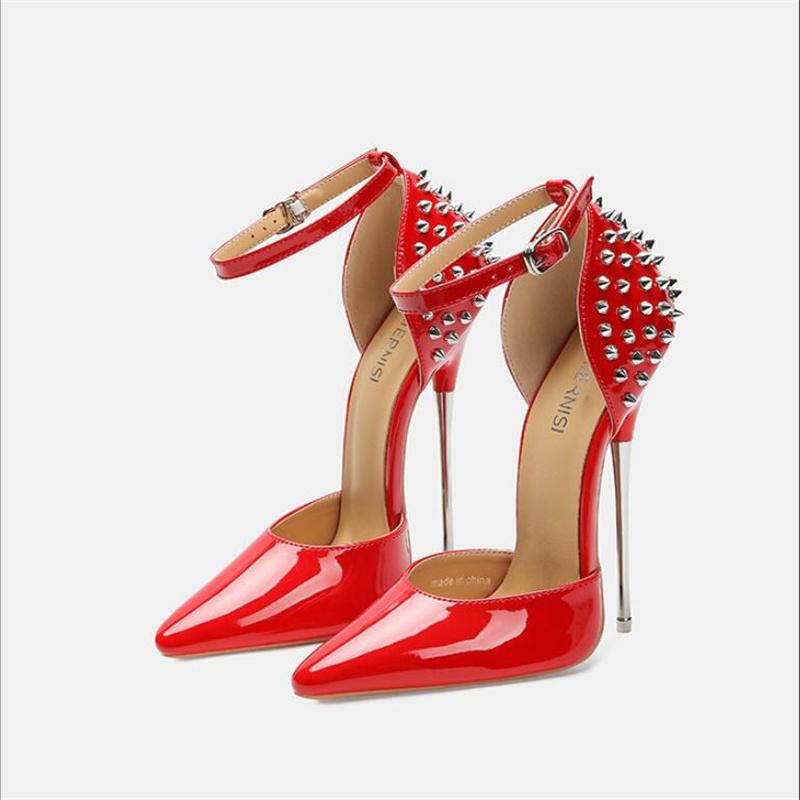 Women Rivet High Thin Heel Sandals Lady Sexy Ankle Strap Single Shoes for Nightclub Party Host Model Catwalk Pub Cross Dressing