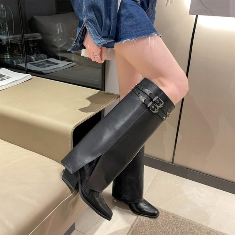 Western Cowboy Boots Women's Pant Boots Fall and Winter New Thick Heel Double Buckle Square Head Slim Tall Knight Boots C1053