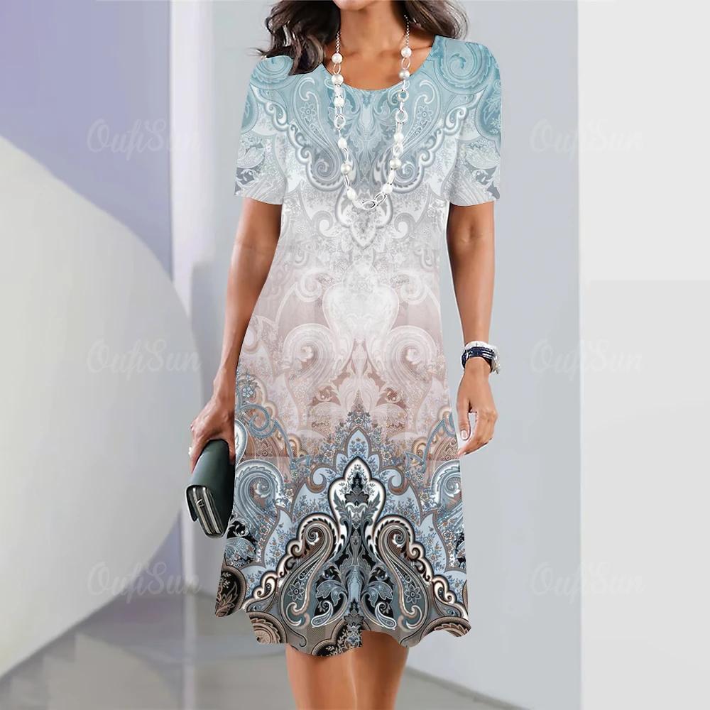 Women's Retro 3D Short-sleeved Pullover Summer Round Neck Dress Simple and Elegant Loose Skirt