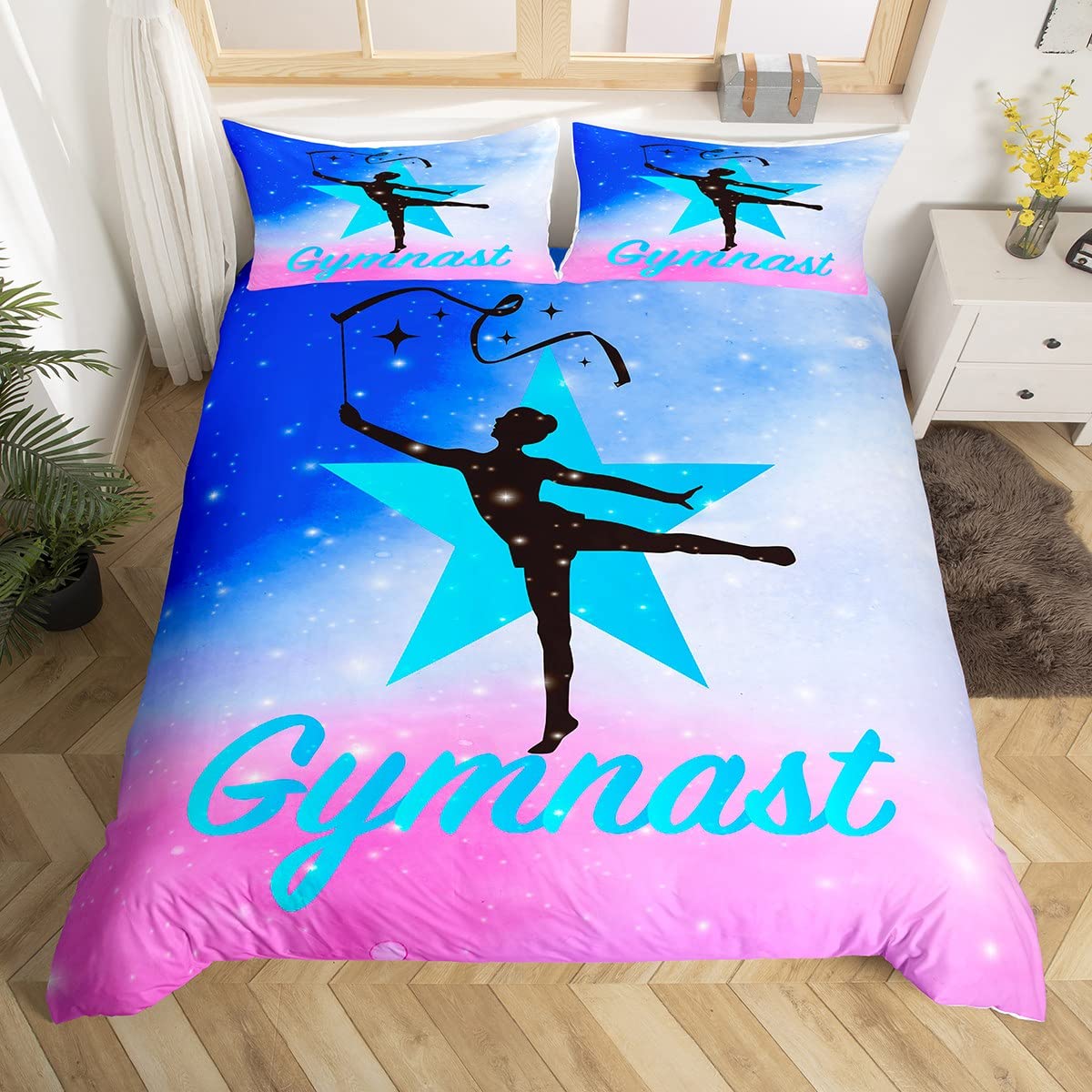 

Rainbow Bedding Set for Girls Ballet Duvet Cover Dancing Ballerina Silhouette Comforter Cover Twin Tie Dye Starry Sky Bed Cover EU Single(135*200cm)3pcs