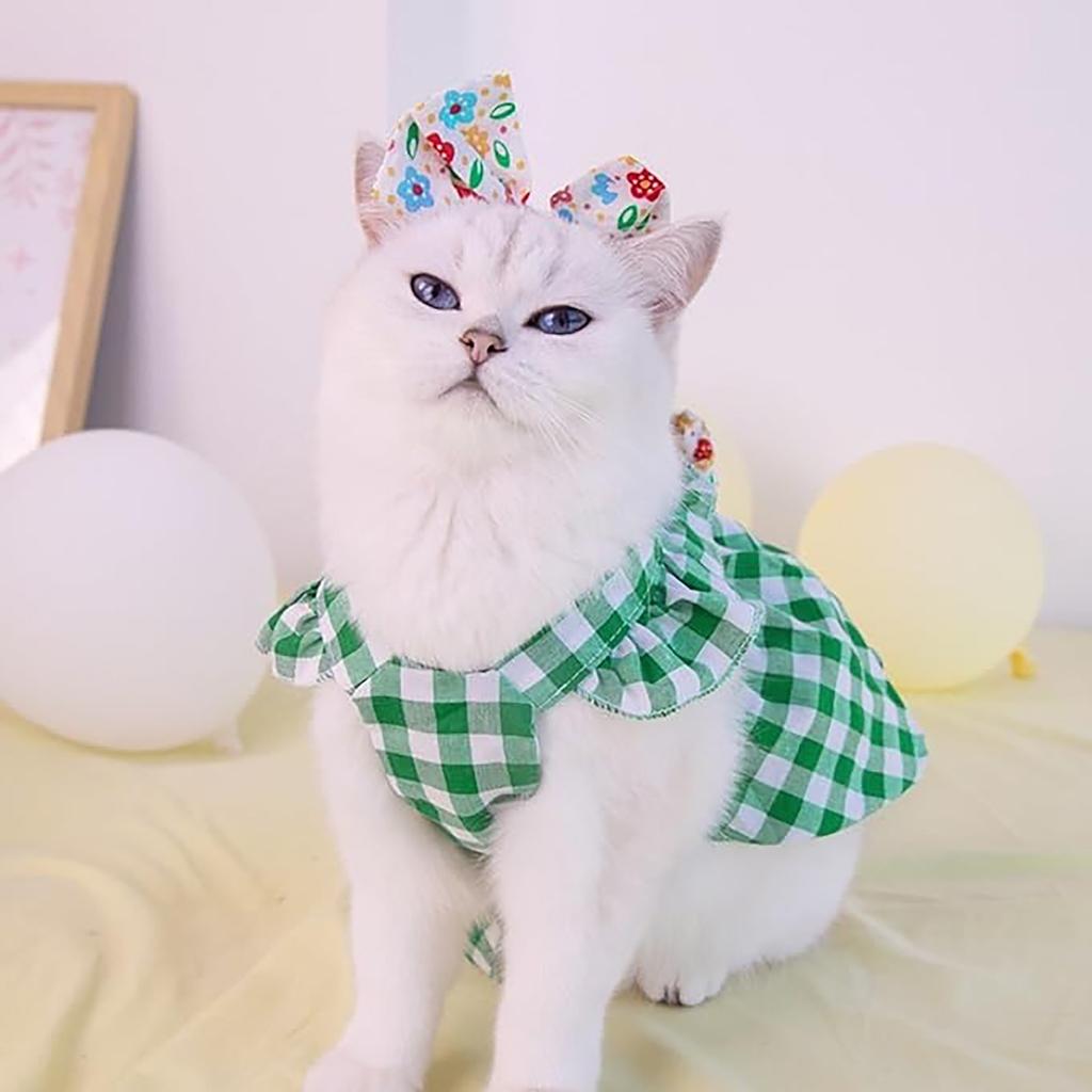 Pet Dress With Plaid Print Washable Pet Clothing 1 Set Pet Dress Bow Decor Ruffled Sleeves Dog Plaid Dress Summer Dress With Headdress Pet Supplies