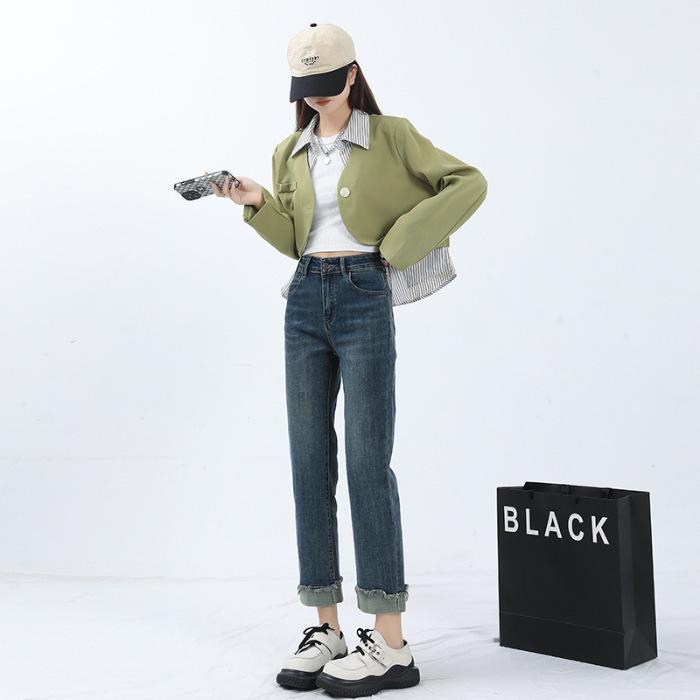 

Брюки прямые с высокой талией Прямые джинсы для женщин, весна, маленькие, старомодные узкие и эластичные брюки-сигареты с девятью точками для женщин, весна XXL