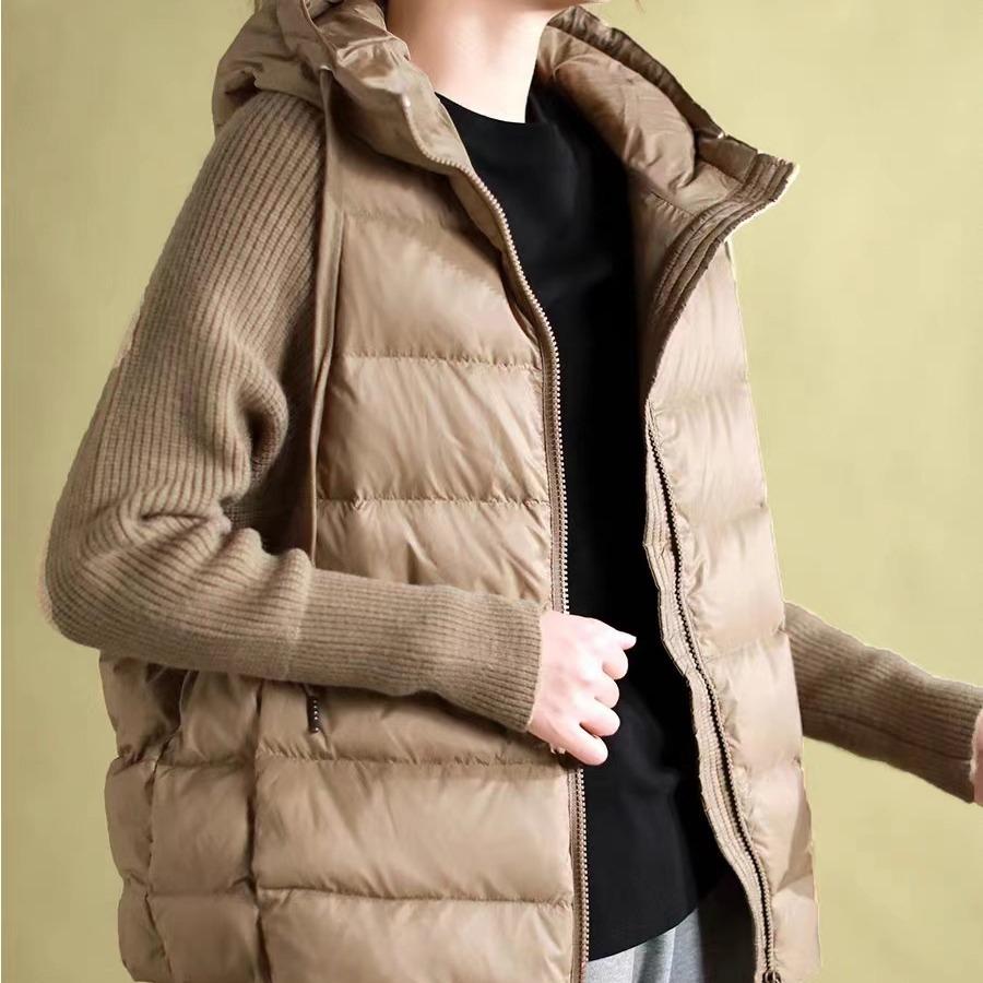 Autumn and winter white duck down knitted sleeves splicing high-end down jacket women's short hooded loose coat tide