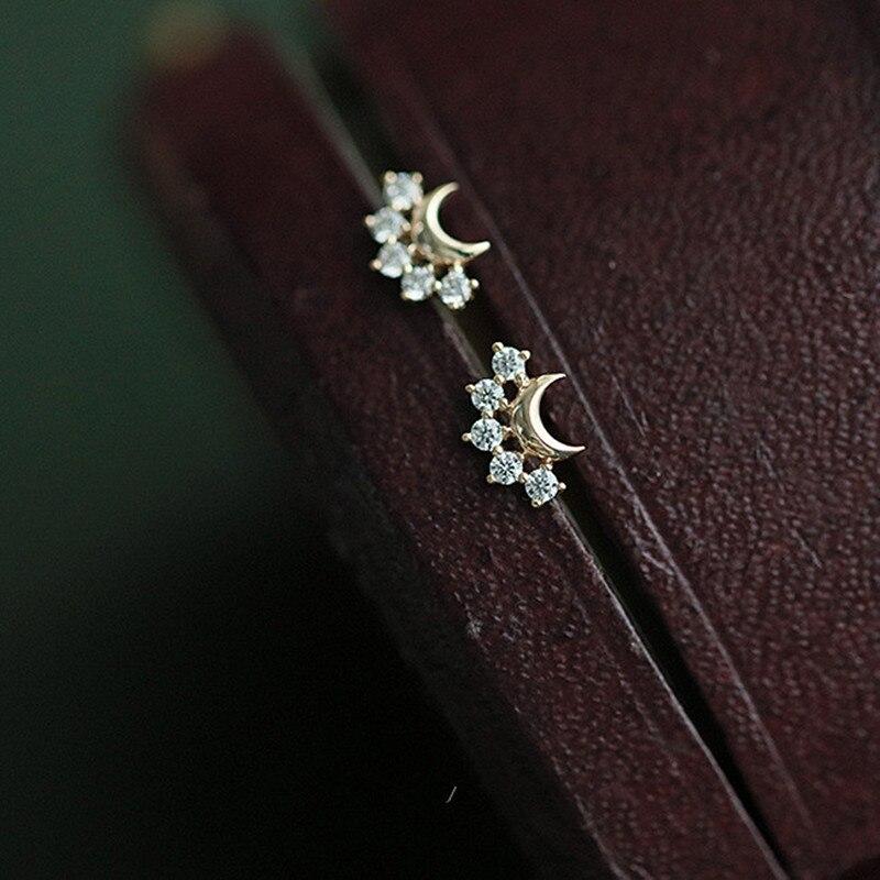925 Sterling Silver Plating 14K Gold Plating Crystal Moon Stud Earrings Women Cute Jewelry