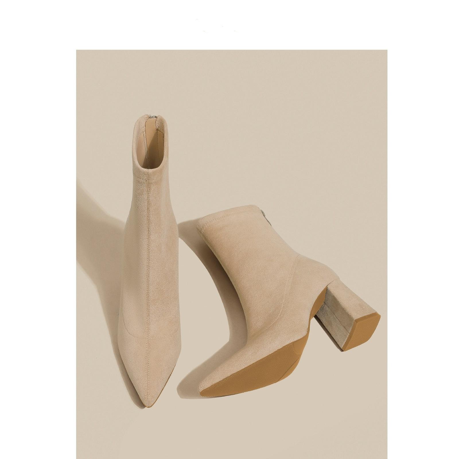 

Coutgo Womens Boots Low Heel Pointed Toe Elastic Dressy Fall Winter Booties Shoes 36 бежевий