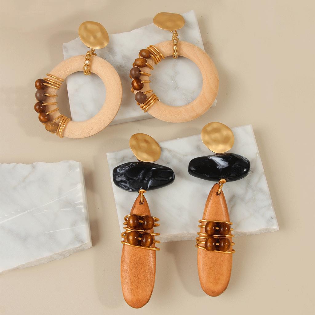 Explosive European and American Cross-border Jewelry Maillard Vintage Wooden Earrings Light Luxury Niche High-end Sense