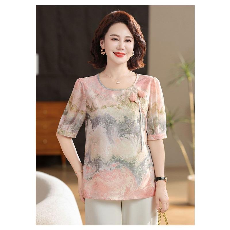 Women's Chinese Style Round Neck Blouse Half Sleeve Watercolor Pattern Frog Button Elegant Top for Daily