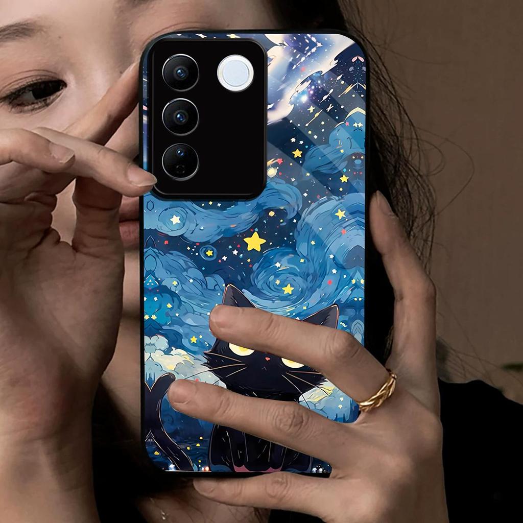 Case for Vivo V27e V27 Pro Anime Black Cat Starry Cloud Print Phone Cover Acrylic Hard Back Shell With Flexible TPU Edge