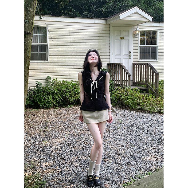 

Kumikumi Preppy Black Sailor Collar Sleeveless Shirts Women clothes Summer Chic Slimming Age-Reducing Versatile Top Black navy collar M