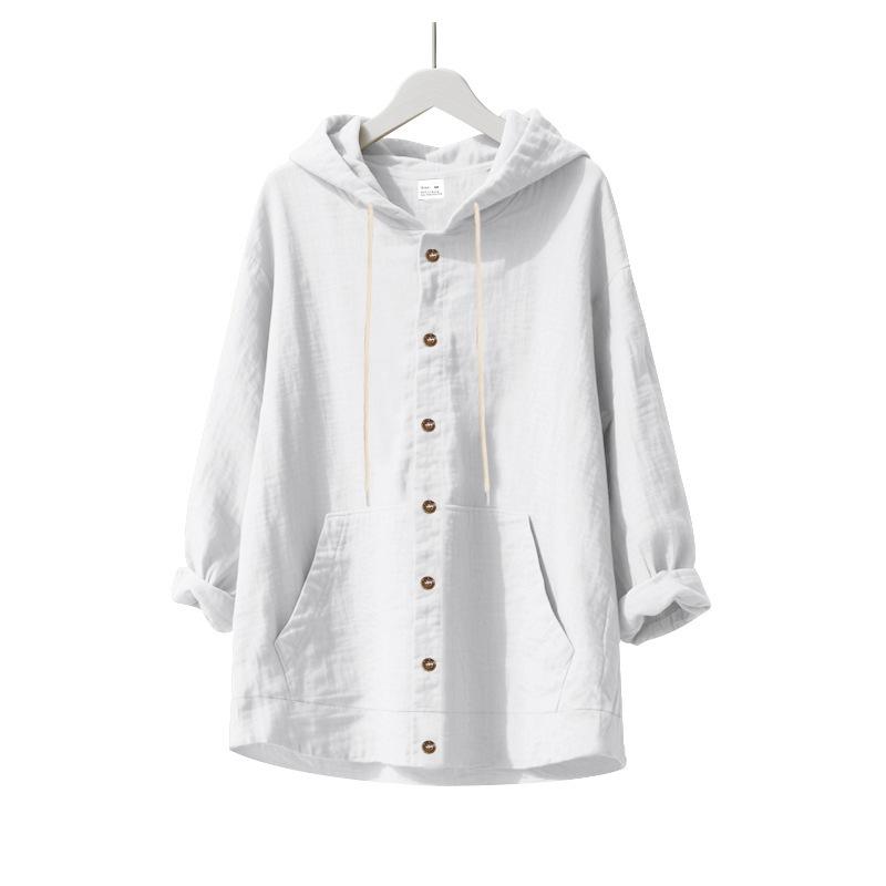 Chemise à capuche décontractée simple en lin pour homme, coupe ample, manches longues, pour la plage