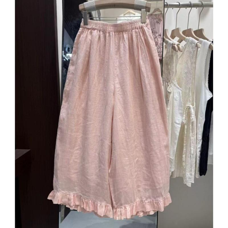 Johnature Lace Pants Loose Wide-Leg Pants For Women Summer Casual Simple Elastic Waist Nine-Part Pants