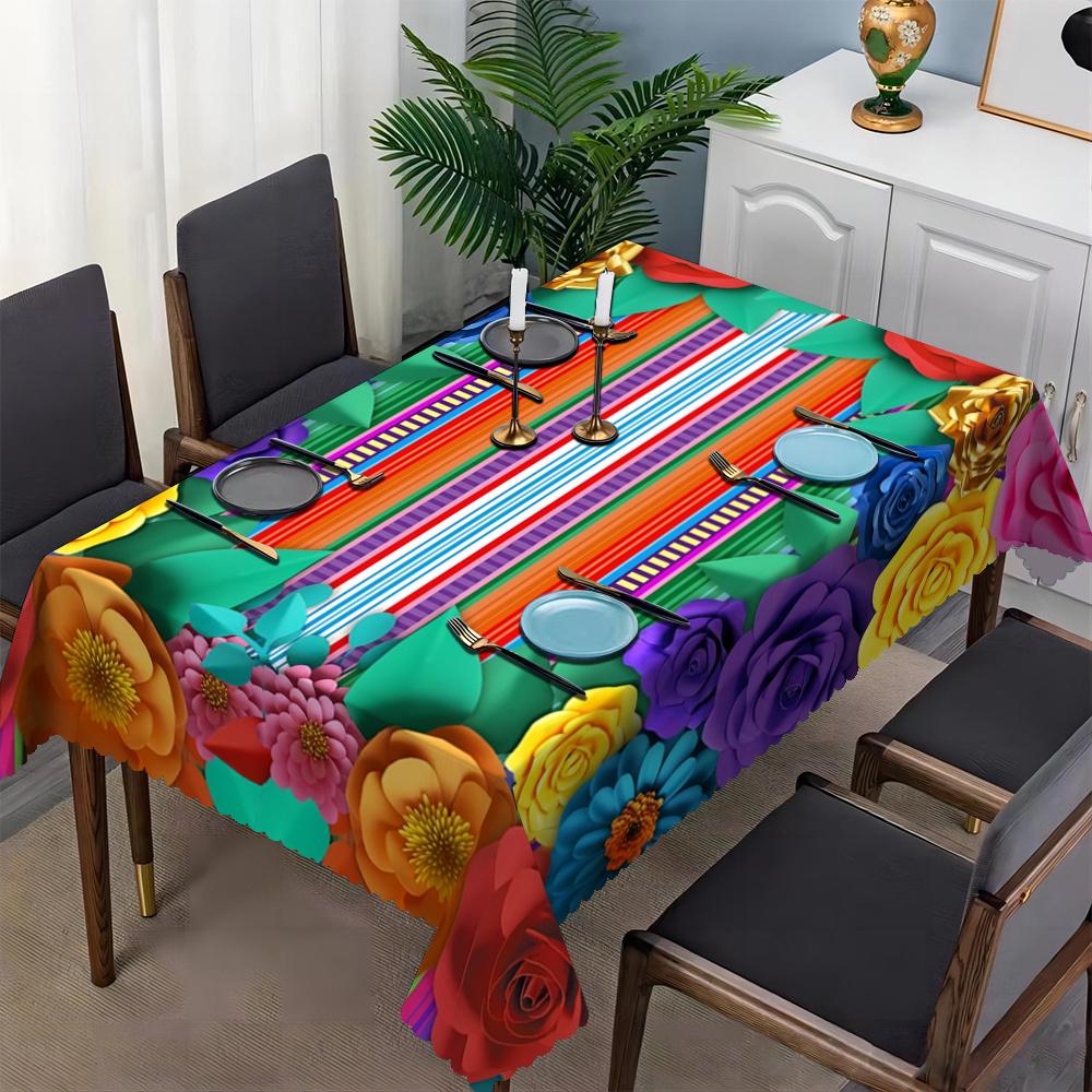 Mexicaans Carnaval Kleurrijk Bloemenprint Tafelkleed, Rechthoekige Polyester Tafelhoes, Modieuze Huistextiel voor Eetkamer, 90x140cm