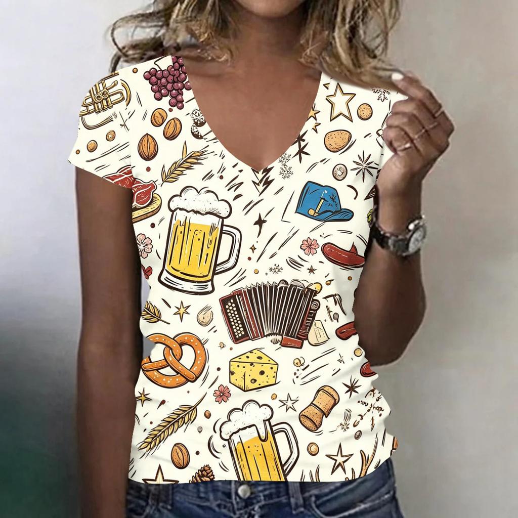 Women's Casual V Neck Short Sleeve T Shirt Oktoberfest Print Top Lightweight Comfortable Summer Tee