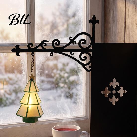 Warm Glow Night Light Christmas Tree Bookshelf Lantern, Vintage Iron Wall Hanging Decor, LED Battery Operated Bookend Ornament, Rustic Art for