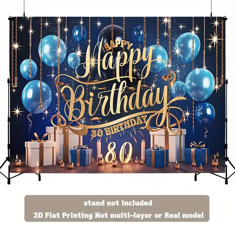 2D Blue Gold 80th Birthday Banner, Elegant Adult 80th Birthday Photography Backdrop