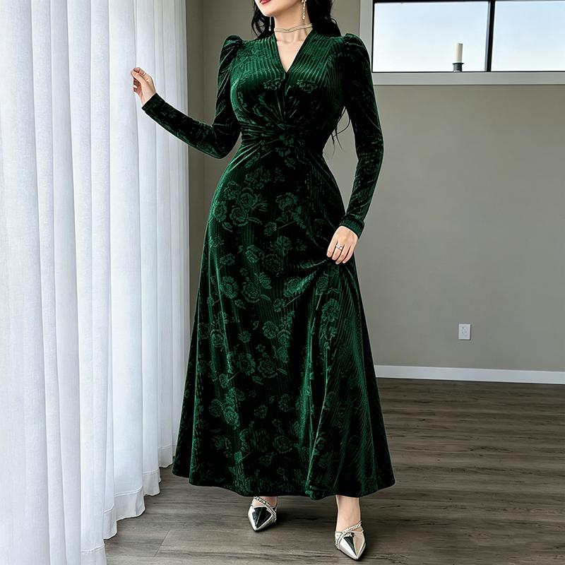 Plus Size Women Spring Autumn Long Sleeve Velvet Maxi Dress V Neck Twist Waist A Line Formal Gown