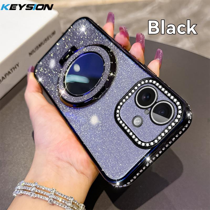 

KEYSION Luxury Glitter Jewelled Magnetic Phone Case for iPhone 15 16 Pro Max 16 Plus Makeup Mirror Ring Stand Shockproof Cover for iPhone 16 чорний