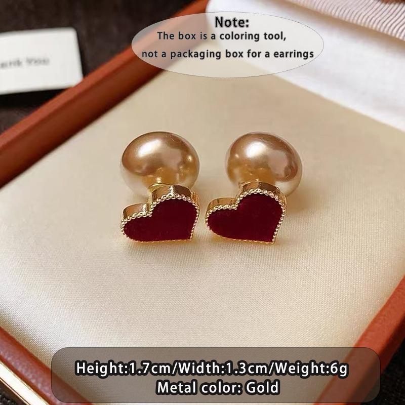 

French Elegant Wine Red Velvet Heart-Shaped Champagne Pearl Rear Hanging Stud Earrings New Design Jewelry Accessories For Womens