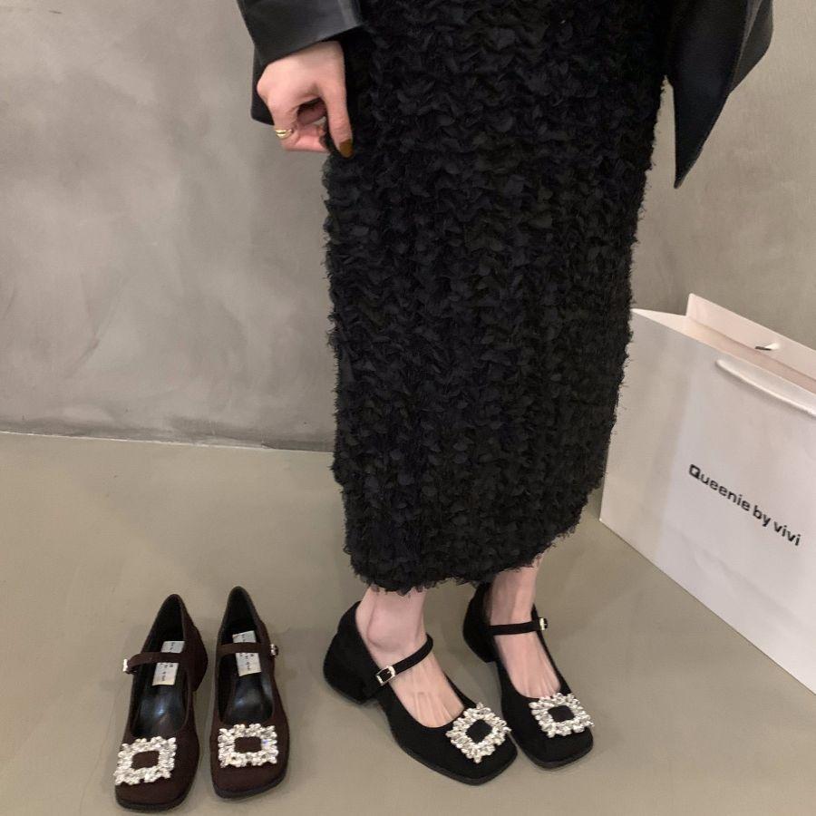 Thick heel high heels retro square head rhinestone Mary Jane small leather shoes women's shoes 2025 spring autumn winter black single shoes