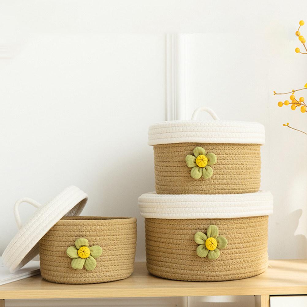 Lidded Large Cotton Rope Storage Basket Round Woven Organizer Multipurpose Suitable for Living Room Bedroom Sundries Storage