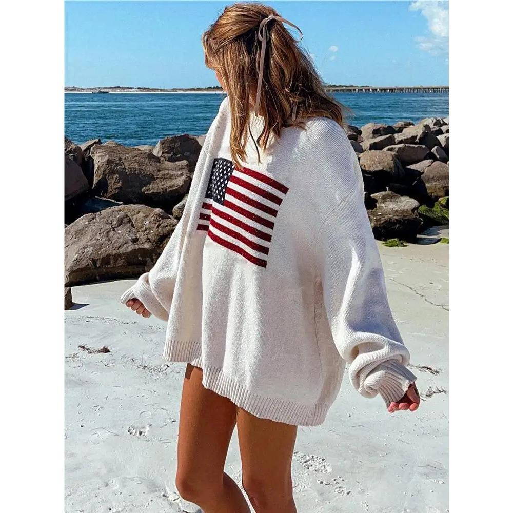 Maglioni da Donna con Motivo Bandiera Maglioni Caldi Larghi Vintage Manica Lunga Girocollo Casual Harajuku Pullover Maglieria Streetwear