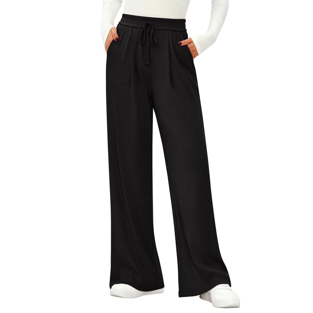 Fashion Women's Elastic High Waist Knitted Casual Wide Leg Pants With Pockets