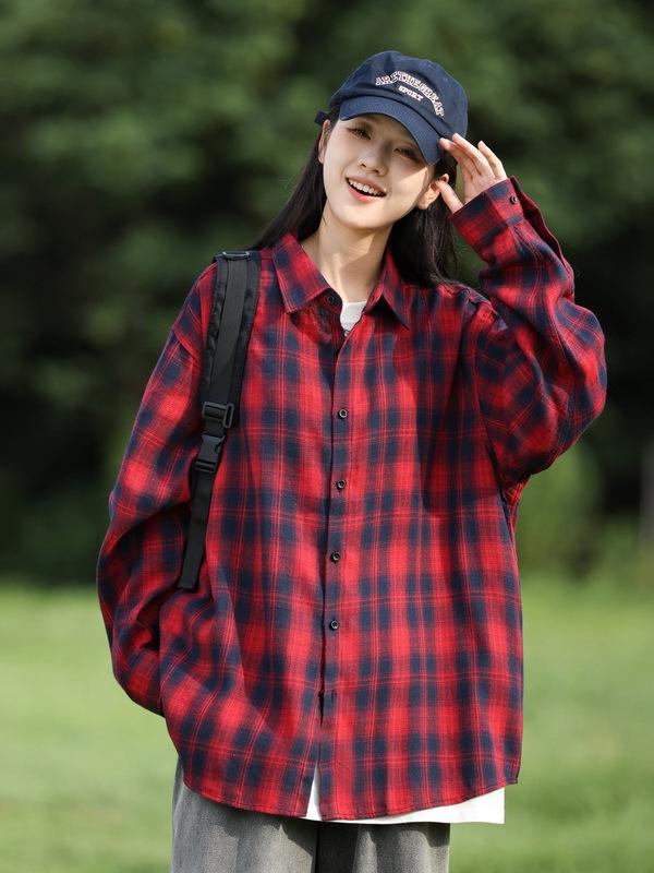 Unisex Plaid Long-Sleeve Shirt: Korean Style, Loose, Casual Jacket for Men and Women, 2025 Spring/Autumn Trend.
