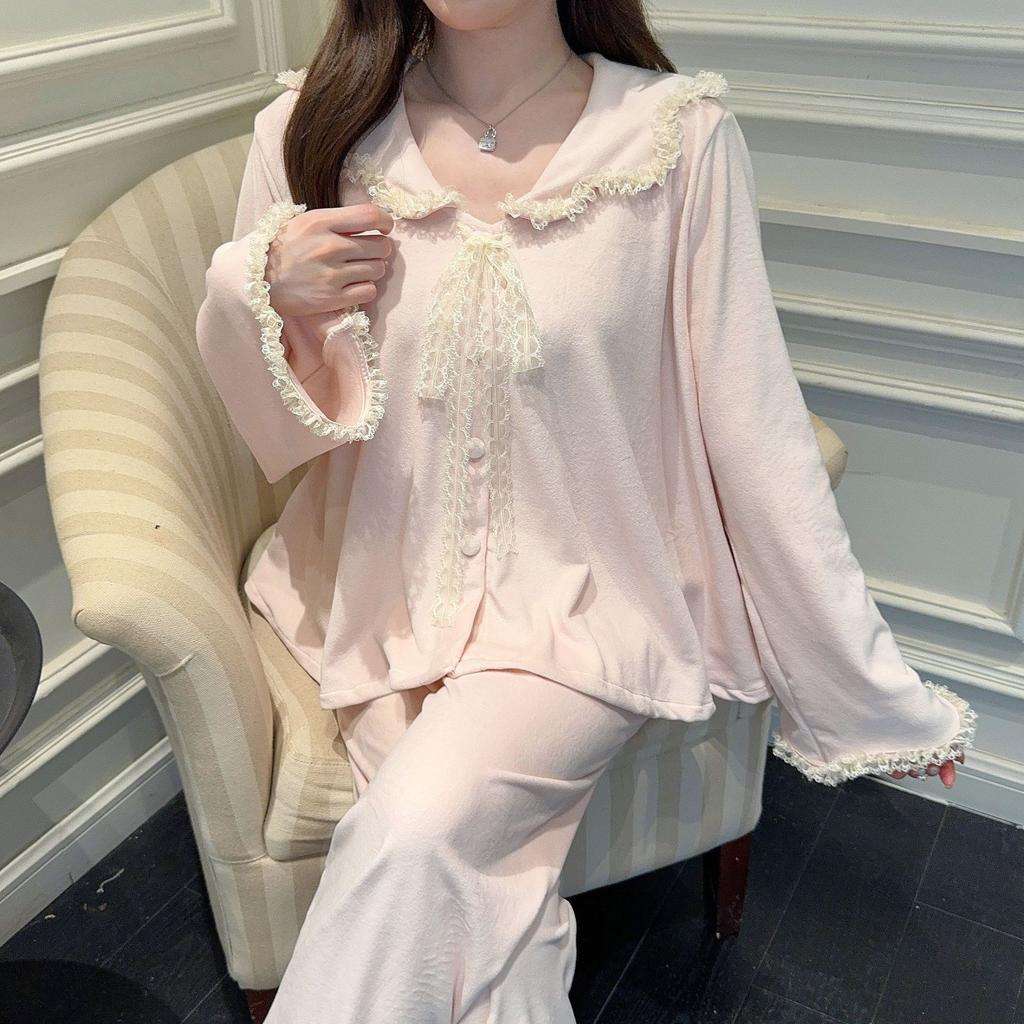 Autumn new double-sided island velvet pajamas women's new lace solid color long-sleeved trousers doll collar loungewear sweet