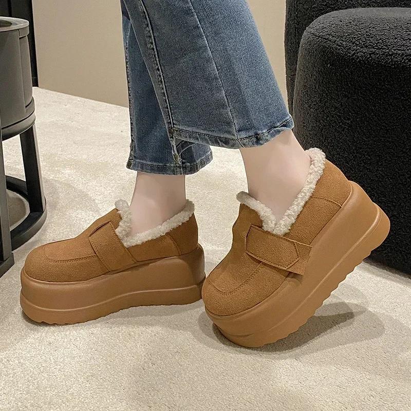 Fashion Women Thick Sole Snow Sneakers New Winter Slip-on Plush Warm Cotton Shoes Woman Outdoor Non Slip Fluffy Platform Fur Shoes 7.5CM