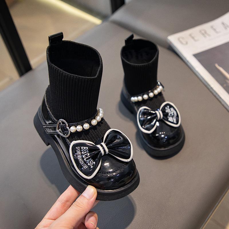 Girls Socks Boots Kids Ankle Boots with Bow-knot Fashion Elegant Glossy UK Uniform Children School Princess Boots Anti-Slippery