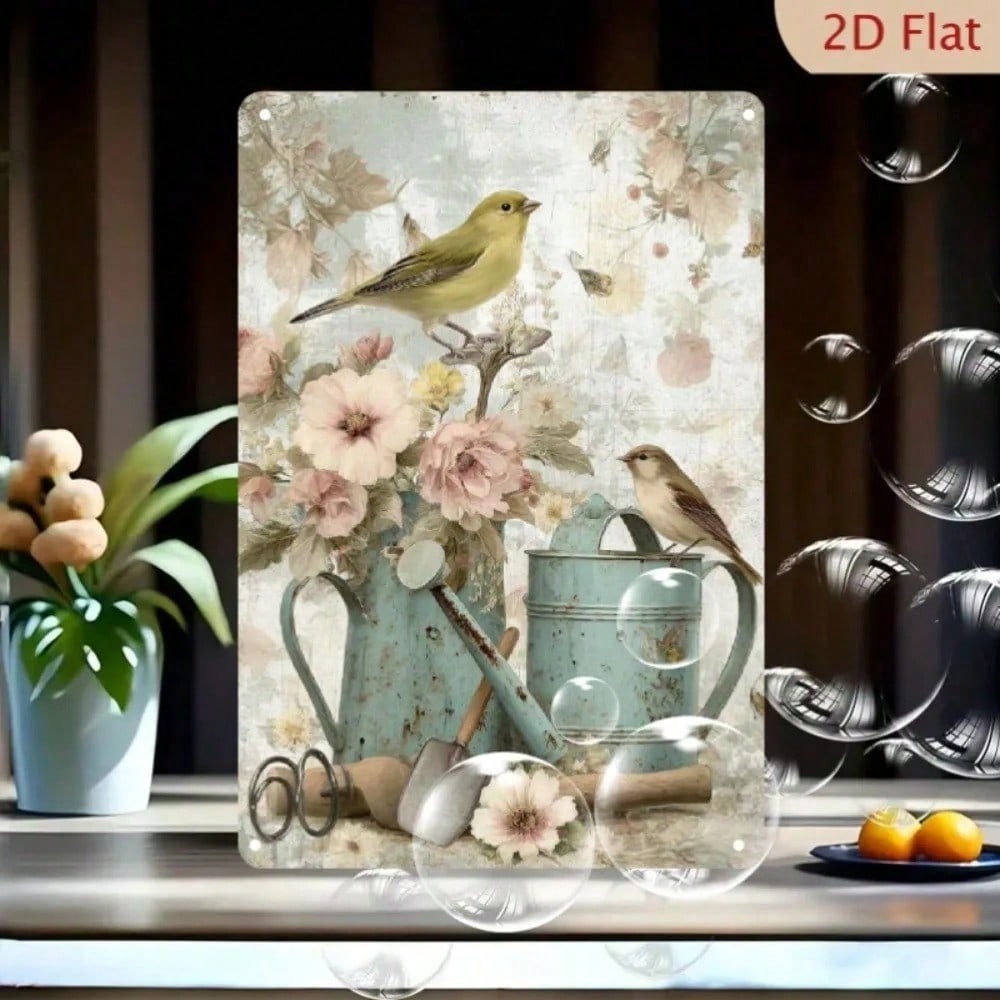 Vintage Pink Rose Bird Metal Tin Sign 8x12 Inch Rustic Floral Vase Wall Decor