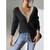Women's V-Neck Lace Patchwork Hollow Out Knitted Sweater Color-Block Pullover Base Shirt