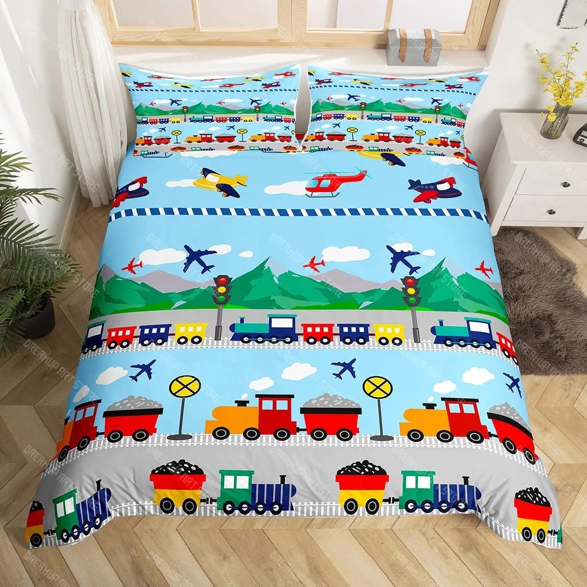 Cartoon Trein Dekbedovertrek Set Zwarte Treinen Beddengoed Set Jongens Tieners Mannen Slaapkamer Enkel Dubbel Dekbedovertrek Decor Dekbedovertrekken 140x200cm