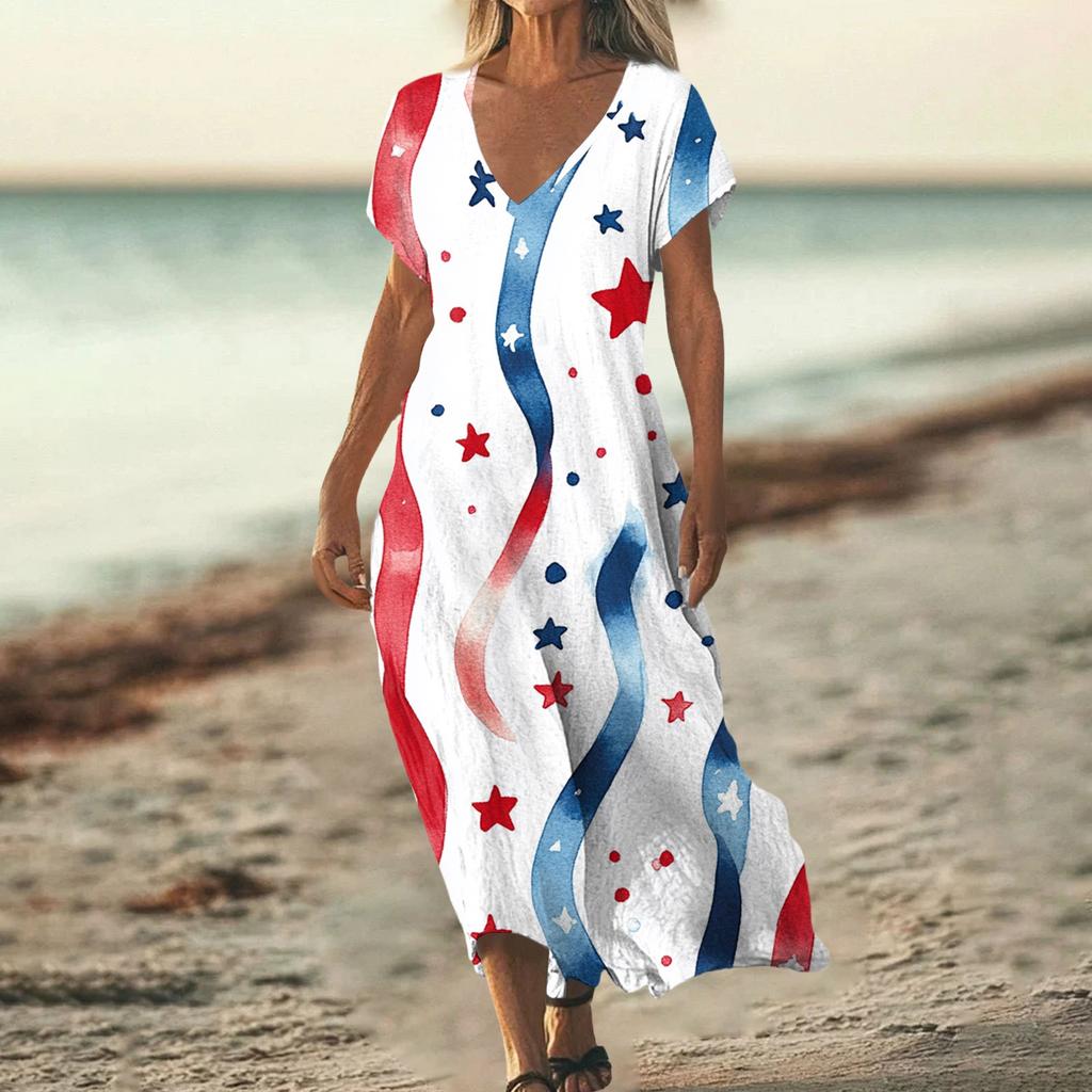 Sommerkleid Damen Lang Strandkleid Elegantes Kleid V-Ausschnitt Kurzarm Sommerkleid Leicht Luftig
