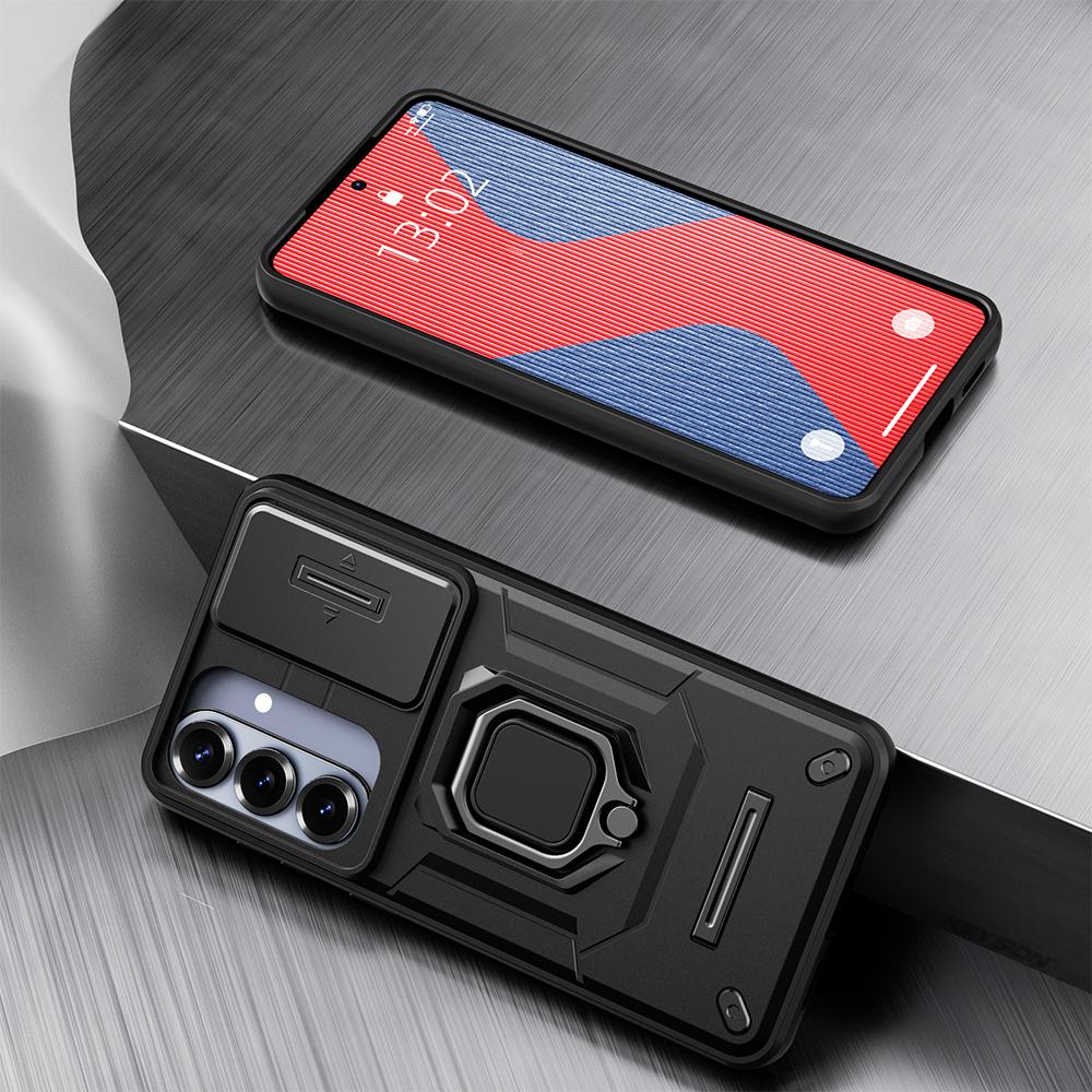 KEYSION Shockproof Armor Case for Samsung S26 Ultra 5G Slide Camera Lens Protection Ring Stand Phone Cover for Galaxy S26+ Plus