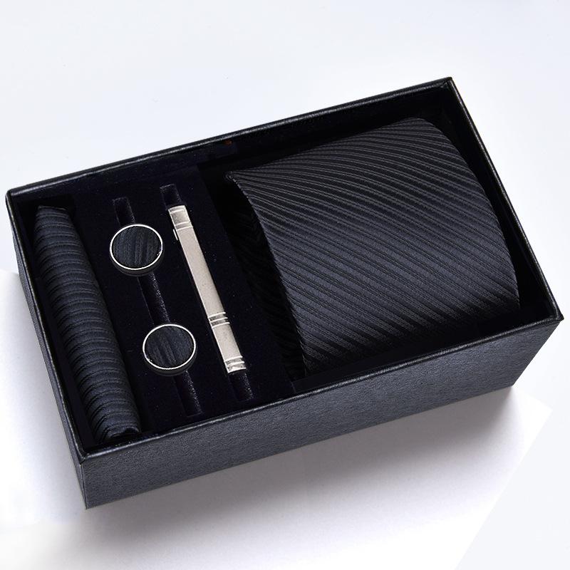 Men's Formal Tie Gift Box: Five-Piece Set with Logo, 8cm Striped Black for Weddings and Business 