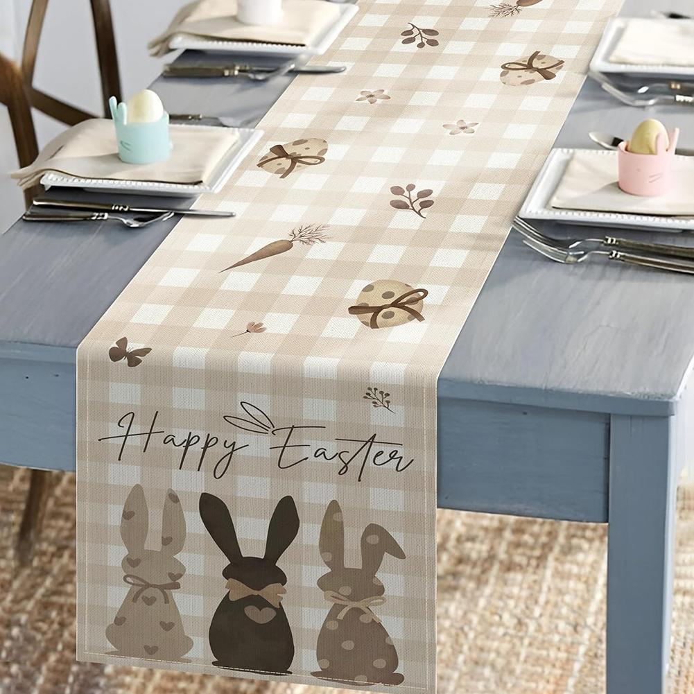 Easter Table Runner with Bunny & Eggs, Spring Holiday Decor, Reusable Linen Cloth for Dining Table, Easter Party Supplies