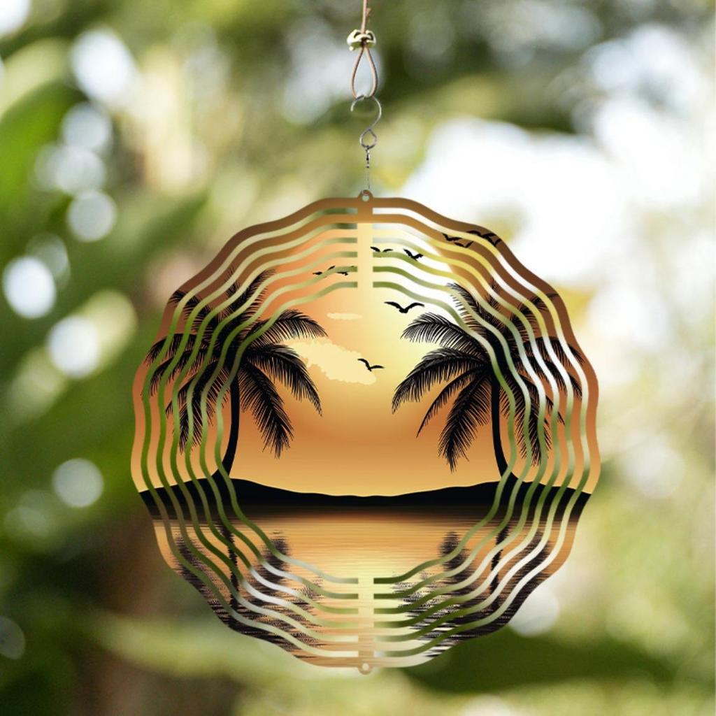 Double Coconut Tree Sunset Reflection Wind Chime with 360 Hook Metal Garden Decor for Outdoor Balcony Lawn Spring Summer Fall Winter