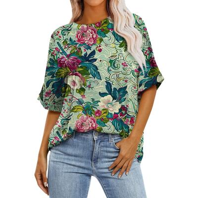 Sommer Rundhals 3D Blumendruck Top Modische Lässige Kurzarm Damen T-Shirts