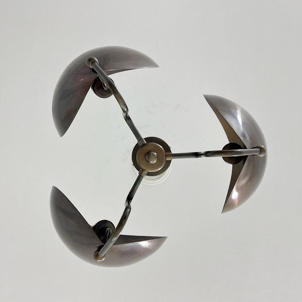 3 Light Curved Shades Modern Pendant Mid Century Antique Patina Chandelier Light Fixture